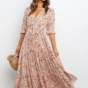Floral Tie-Waist V-Neck Women’s Dress in Blush Multi